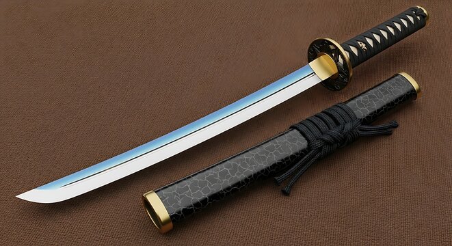 Japanese short sword with polished blade and traditional black handle, displayed alongside its textured scabbard, evoking historical craftsmanship and warrior culture
