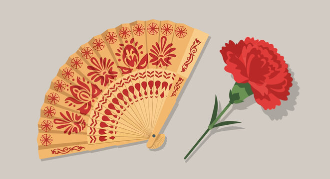 A beautiful flat design illustration featuring a classic Spanish fan and a vibrant flower, iconic accessories often seen during the Feria de Abril. 