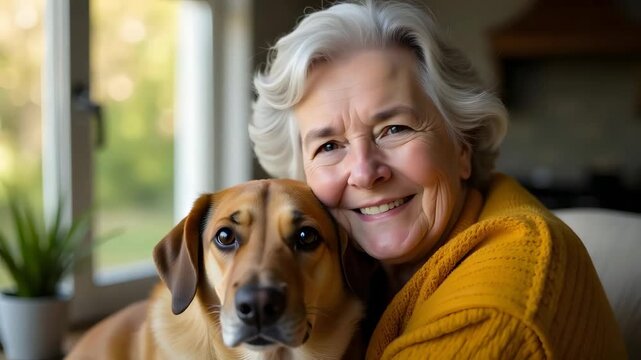 Senior woman smiling while hugging dog, close bond in cozy home with large window, warm yellow sweater. Concept of pets care, elderly companionship, family