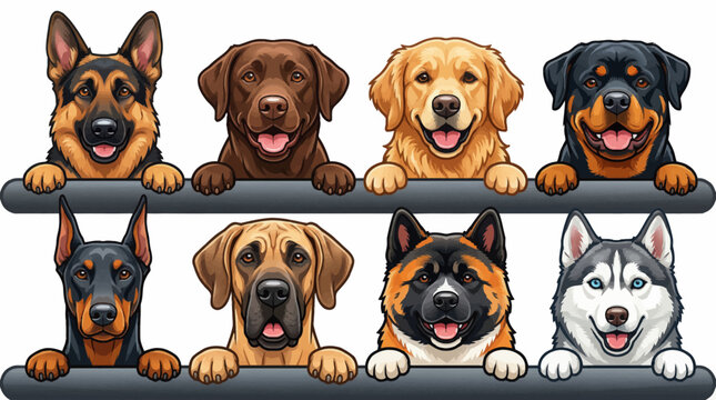 Cartoon Illustration of Eight Diverse Dog Breeds Including German Shepherd Labrador Golden Retriever Rottweiler Doberman Great Dane Akita and Husky Peeking