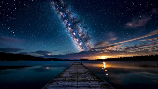 Lakeside wooden boardwalk starry night view