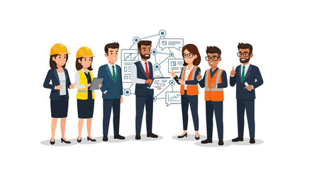 Obraz premium Business people and engineers standing together in front of a flowchart