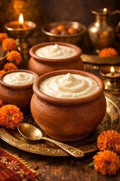 Bhaktapur Juju Dhau king curd in rustic clay pot traditional Nepali yogurt dessert for Bisket Jatra festival with marigold flowers