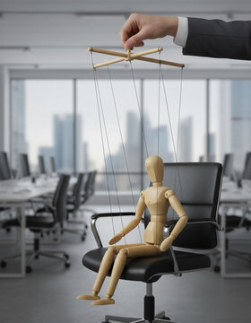 Wooden mannequin marionette sits on office chair under manager hand illustrating micromanagement and control in corporate workspace evoking tension and power dynamics