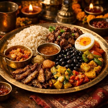 Authentic Newari Samay Baji festival platter with beaten rice, spiced buffalo meat, boiled egg, black soybeans and pickles, Traditional Bisket Jatra celebration meal on metal plate