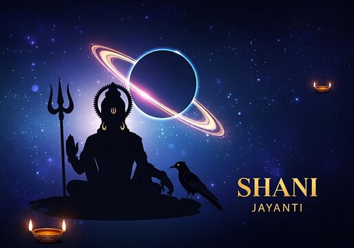 Silhouette illustration of Lord Shani Dev meditating with a trident and crow, set against a cosmic starry sky featuring Saturn, celebrating Shani Jayanti, a significant Hindu festival