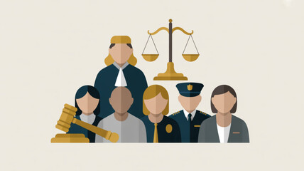 Diverse group of law professionals with judge police officer and legal symbols representing justice and equality in a courtroom setting with scales of justice and gavel