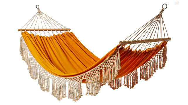 A product photo showcases a vibrant orange hammock with tassels hanging