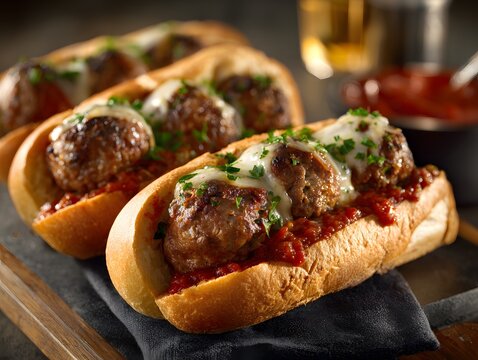Delicious homemade meatball subs with melted mozzarella cheese and zesty marinara sauce served on toasted hoagie rolls on a rustic wooden board for a gourmet lunch idea