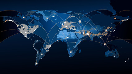 Global network connections visualized on a world map with illuminated nodes © Nipa