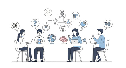 Fototapeta premium Group of people sitting at a table with science and technology concepts