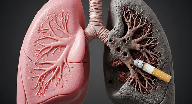 Healthy lung versus smokers lung with cigarette showing long term damage and the serious health consequences of tobacco use