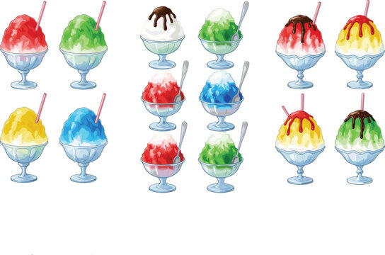 Colorful shaved ice desserts collection vector illustration, sweet frozen treats with syrup flavors in glass bowls isolated on background, summer refreshing dessert set