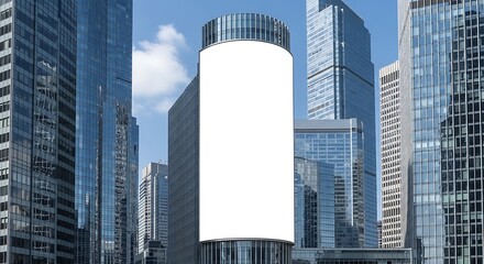 Obraz premium Blank cylindrical billboard on a skyscraper in a modern city skyline with glass buildings