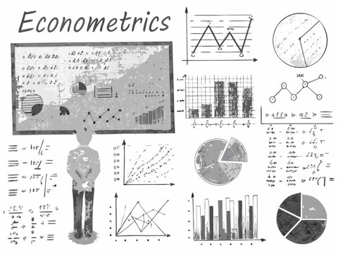 Econometrics concept a person surrounded by graphs and mathematical equations