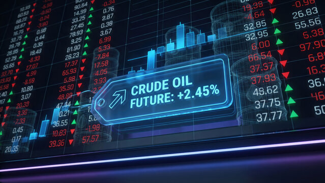 Crude oil futures trading on a digital stock market screen showing a price increase.