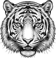 Fototapeta premium Tiger head portrait close up in detailed engraving style