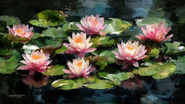 Modern Interpretation of Water Lilies Inspired by Monet's Classic Style