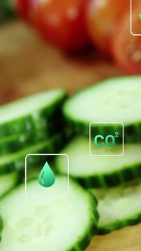 Vertical video: Cucumber stack on board, UI icons appearing, moving over and showing food water CO2
