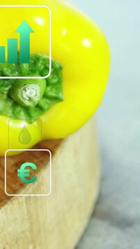 Vertical video: Droplet appearing, teal icons animating over yellow pepper, cam zooming for framing