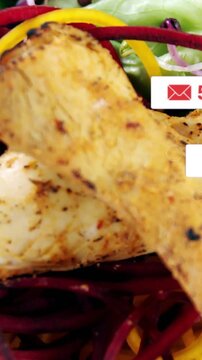 Vertical video: Extreme blur starting UI icons, pointer moving, showing likes and revealing chicken