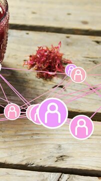 Social network cluster shifting after camera pan, pink profile icons moving to show connectivity