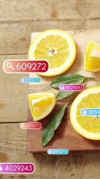 Floating badges popping over sliced oranges on board, pointer tapping search tag causing ad counts