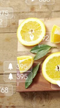 Vertical video: Orange on board while incoming social UI floating over updating counts for food ads