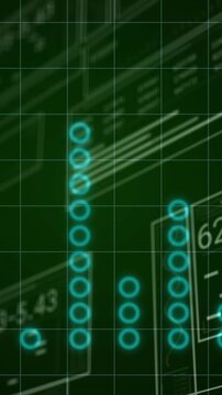 Vertical video: On play cyan column stacks rising and falling, panels drifting, showing system data