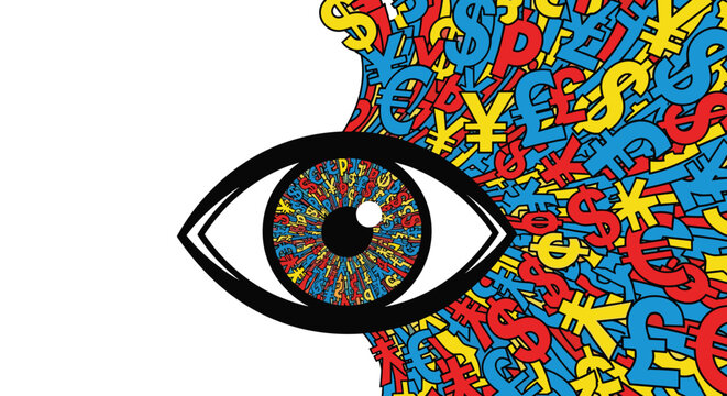 A stylized, wide-open eye with a multi-colored iris composed of tiny currency symbols is gazing rightward at a dense field of large currency symbols.