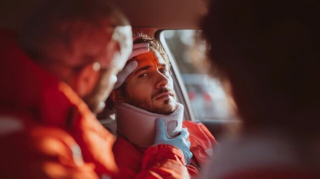 Injured driver in car receives care as paramedics secure cervical collar and stabilize young man, warm sunlight through window, tense compassionate atmosphere, hands applying bandage and preparing