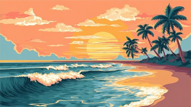 Summer beach background with tropical elements, graphic illustration, bright colors, suitable for use in website headers, social media posts, or as a backdrop for text.