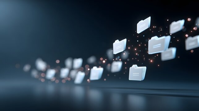 Digital illustration of a stream of data or files flowing in a futuristic, dark, digital environment with glowing particles, data center