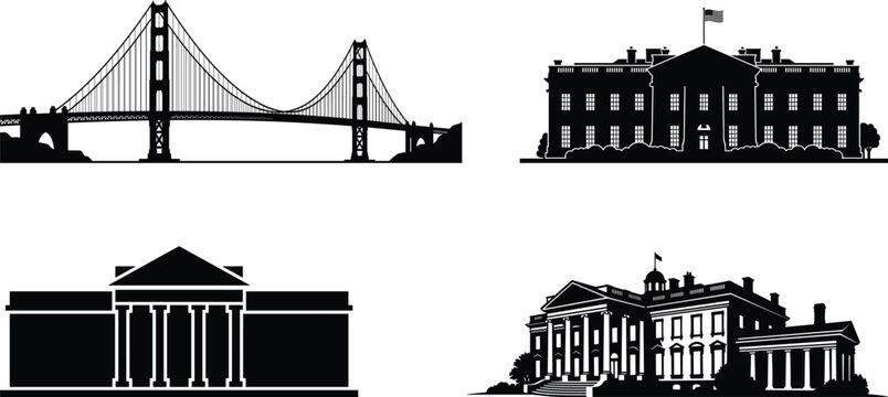 Black silhouette illustration set of Golden Gate Bridge, White House, Capitol and classical buildings, iconic USA landmarks vector isolated on white background