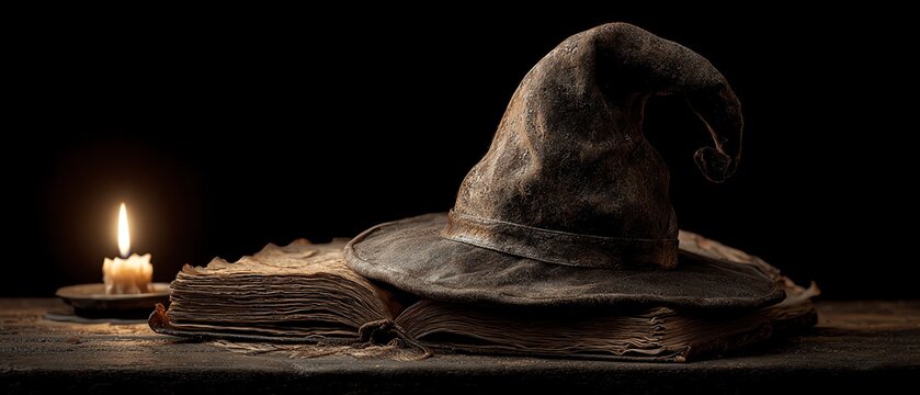 A magical hat on an old book beside a candle.