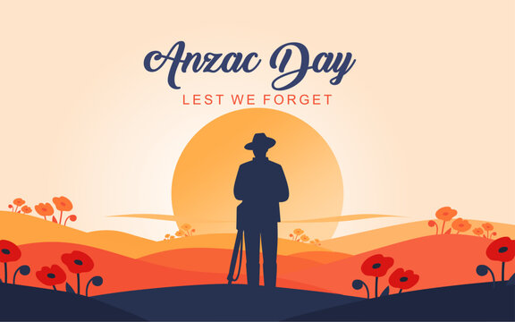 ANZAC Day Lest We Forget Banner &ndash; Soldier Silhouette Sunset Remembrance Illustration