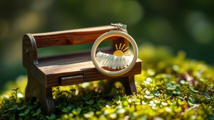 Naklejka premium Miniature bench sits amidst lush greenery. Embroidery hoop displays sun design, creating whimsical scene. Soft light enhances textures.