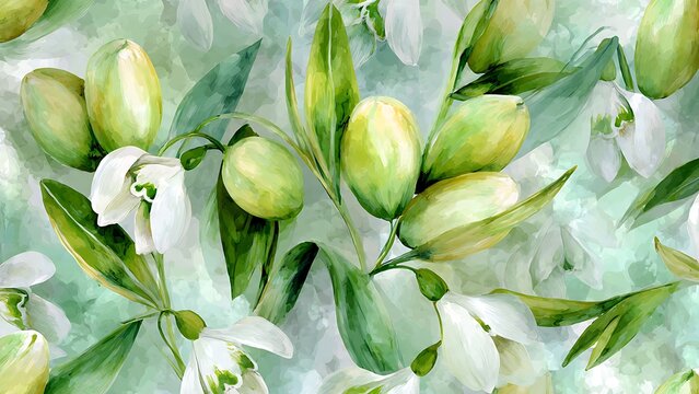 Awakening Green Buds and White Snowdrops Against Pale Background