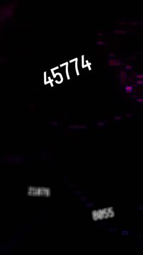 Vertical video: Frames advancing main number rotating shifting with pixel traces guiding data viz
