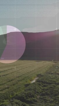 Bright sun shining, AR grid appearing, pie chart rotating and bars rising, visualizing field data
