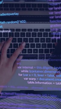 Vertical video: Female dev resting hands on keyboard causing code overlay, coding, tapping phone