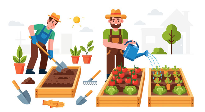 Two Farmers Working Together in a Garden.