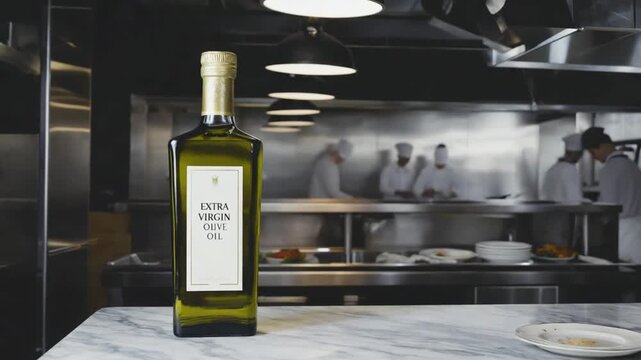 Bottle of extra virgin olive oil in a restaurant.