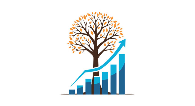 A brown tree with orange and brown leaves stands behind a rising blue bar graph, which also features an upward-curving blue line, all positioned centrally on a clean white background.