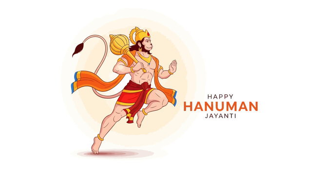 Illustration of Lord Hanuman in a dynamic pose celebrating Hanuman Jayanti, a significant Hindu festival, with vibrant colors and traditional attire against a clean background.