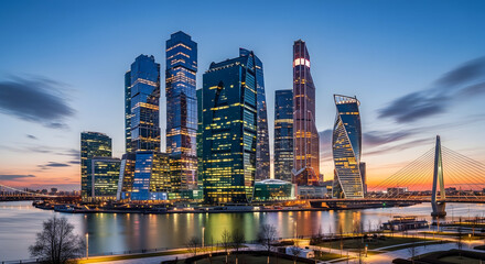 Obraz premium Moscow International Business Center skyline at sunset with illuminated skyscrapers reflected in water.