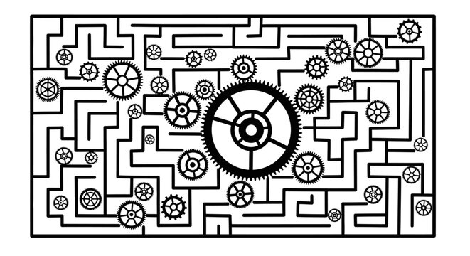 Black and white maze, gear maze illustration, puzzle labyrinth, mechanical design element