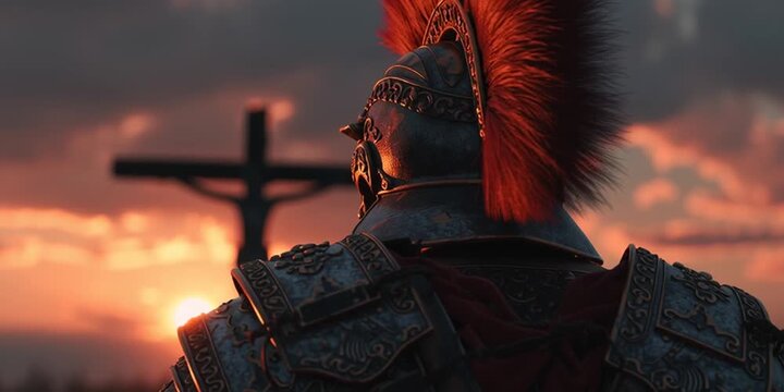 Roman Centurion in Ancient Armor Standing Before Jesus on the Cross at Sunset
