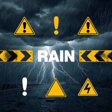 Rain with tunder and under construction warning signs