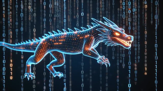 "Cybernetic dragon of glowing blue and orange lines in digital matrix with cascading binary code."
